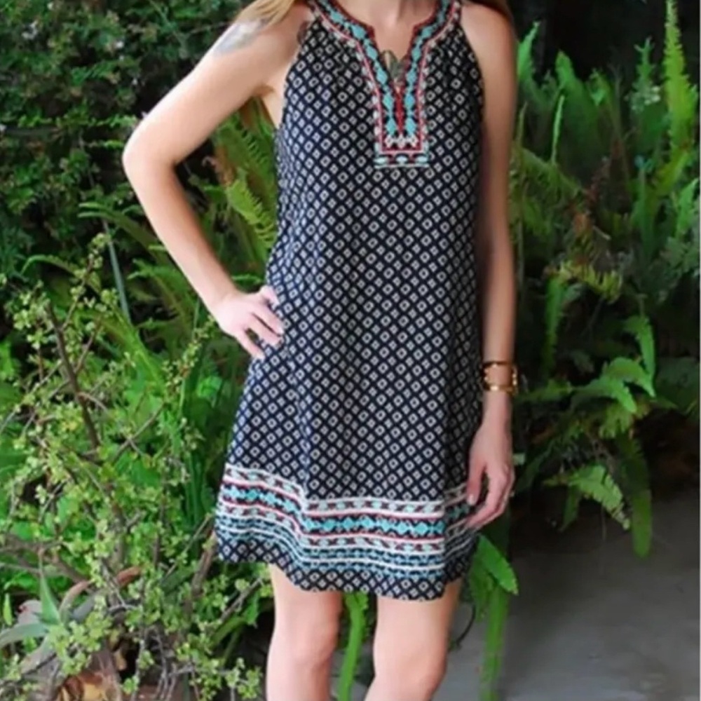THML Women's Size S Navy Geometric Embroidered Sleeveless Faye Dress Anthro